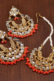 Kundan and Red Beads Embellished Dangler Earrings cum Maang Tika 217MT28