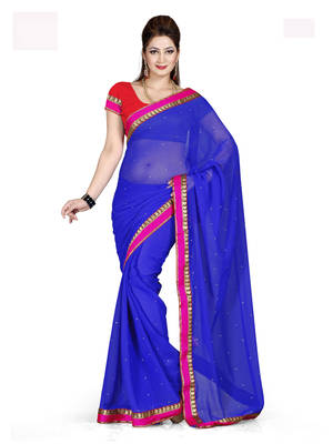 blue plain faux chiffon saree With Blouse 1