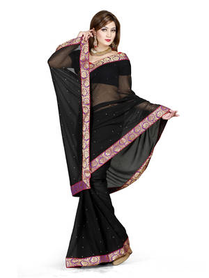 Black plain faux chiffon saree With Blouse 1