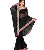 Black plain faux chiffon saree With Blouse