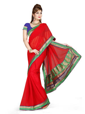 Red plain faux chiffon saree With Blouse 1