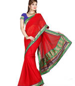 Red plain faux chiffon saree With Blouse