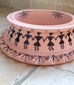 Peach Handmade Hand Painted Terra Cotta Utility Bowl with Warli design