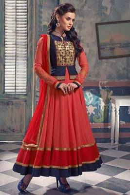 Red georgette embroidered semi stitched salwar with dupatta 1