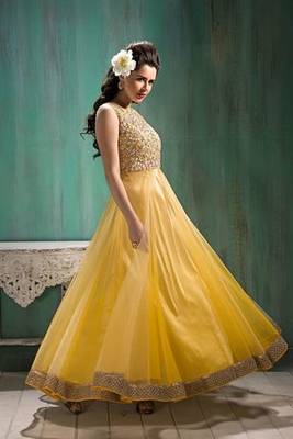 Yellow net embroidered semi stitched salwar with dupatta 1