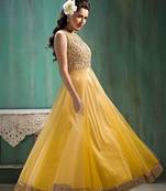 Yellow net embroidered semi stitched salwar with dupatta