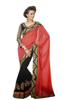 Red embroidered georgette saree With Blouse 1