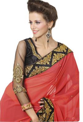 Red embroidered georgette saree With Blouse 2