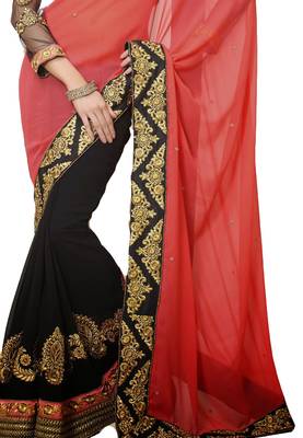 Red embroidered georgette saree With Blouse 3