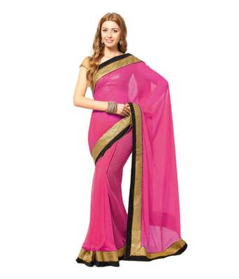 pink plain faux georgette saree 1