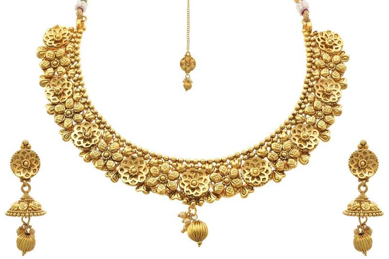 JFL- Fab Floral 3D Gold Designer Necklace / Jewellery Set with Earring for Women