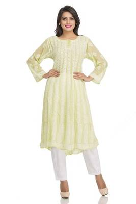Ada Green Faux Georgette Hand Embroidered Lucknow Chikan Kurti 1