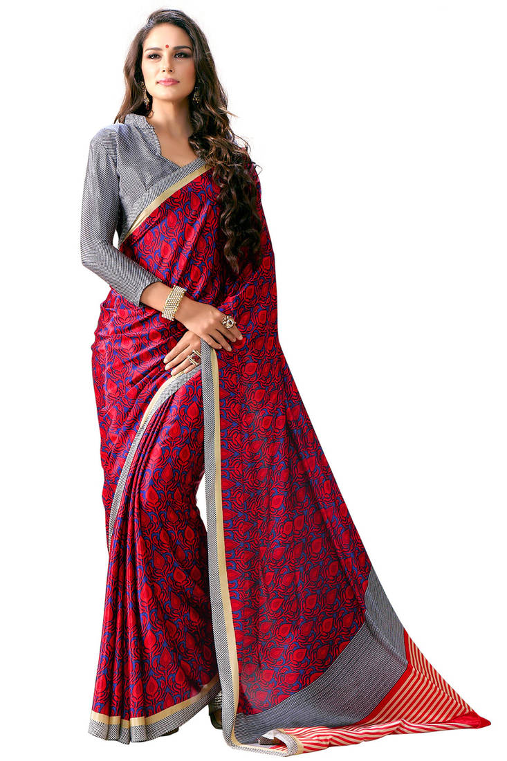 Red printed crepe saree With Blouse