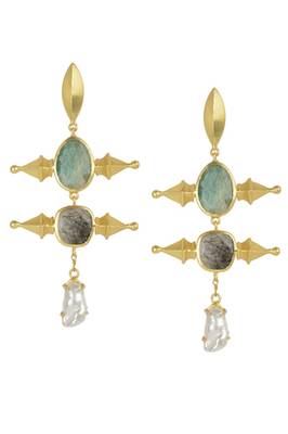 Golden Earrings with Green Aventurine  Black Rutial and Viva Pearl 1