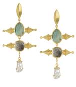 Golden Earrings with Green Aventurine  Black Rutial and Viva Pearl