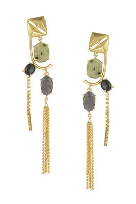 Golden Earrings with Labrorite Graymoon And Black Onex Stones 1