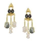 Golden Earrings with Black Onex Labrorite Viva Pearl and Lef Rainbow Stones