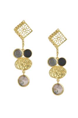 Golden Earrings  with Gray Moon and Black Onex Pink Opal Stones 1