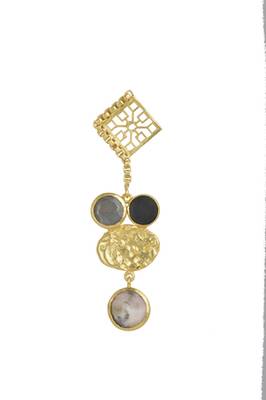 Golden Earrings  with Gray Moon and Black Onex Pink Opal Stones 2