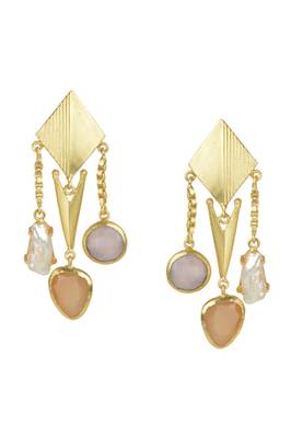 Golden Earrings with Pink Opal and Baige and  Viva Peal Stones 1