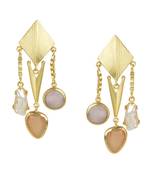 Golden Earrings with Pink Opal and Baige and  Viva Peal Stones