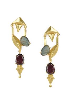 Golden Earrings with Top Labrorite Botom- Red Glasss Stones 1