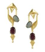 Golden Earrings with Top Labrorite Botom- Red Glasss Stones
