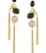Golden Earrings with Black Onec Labrorite Pink Opal Stones