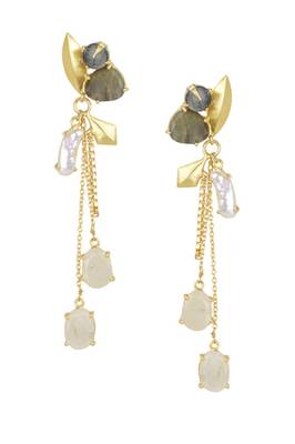 Golden Earrings with Iolite Barorite Viva Pearl  White Moon Stones 1