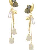Golden Earrings with Iolite Barorite Viva Pearl  White Moon Stones