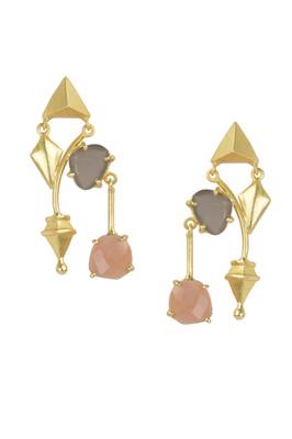 Golden Earrings with Gray Moon Pink Opal Stones 1