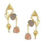 Golden Earrings with Gray Moon Pink Opal Stones