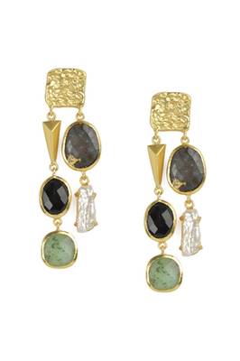 Golden Earrings with Right  Black Onex and Green Aventurine Left Black Onex and Viva Pearl Stones 1