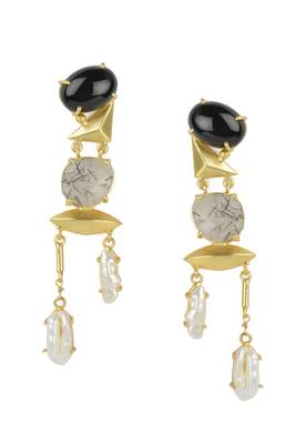 Golden Earrings with Top Black Onex Middle  Black Rutial Bottom  Viva Pearl Stones 1