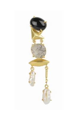 Golden Earrings with Top Black Onex Middle  Black Rutial Bottom  Viva Pearl Stones 2
