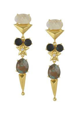 Golden Earrings with Rainbow Black Onex Labrorite 1