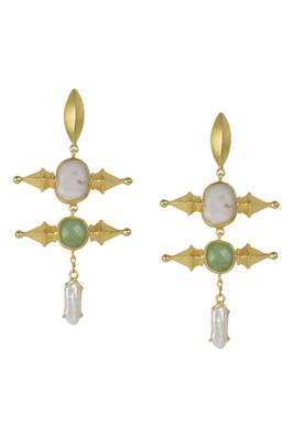 Golden Earrings with Top Pink Opal Middle Green Aventurine Bottom Viva Pearl Stone 1