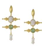 Golden Earrings with Top Pink Opal Middle Green Aventurine Bottom Viva Pearl Stone