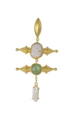 Golden Earrings with Top Pink Opal Middle Green Aventurine Bottom Viva Pearl Stone 2