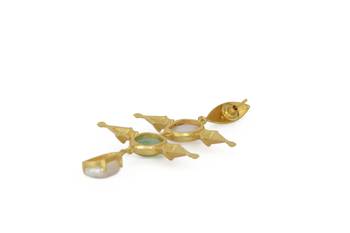 Golden Earrings with Top Pink Opal Middle Green Aventurine Bottom Viva Pearl Stone 4