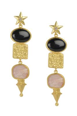 Golden Earrings  with Top  Black Onex Bottom Pink Opal Stone 1