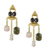 Golden Earrings with Top Black Onex Bottom Right Labrorite Middle  Viva Pearl Bottom Left  Rosequartz Stone