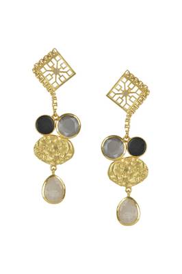 Golden Earrings with Black Onex and Gray Moon Rainbow Stones 1