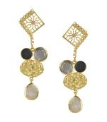 Golden Earrings with Black Onex and Gray Moon Rainbow Stones