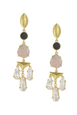 Golden Earrings with Black Onex Pink Opal Viva Pearl Stones 1