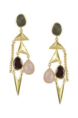 Golden Earrings with Labrorite Garnet and Pink Opal Stones 1