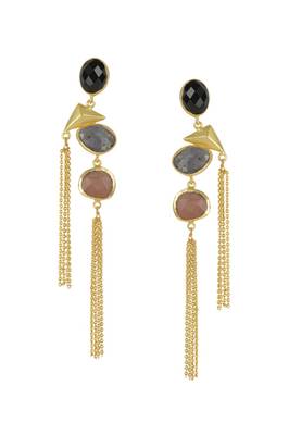 Golden Earrings with Black Onex Labrorite Baige Stones 1