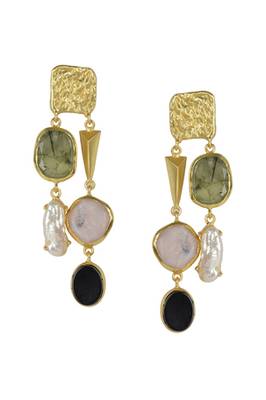 Golden Earrings with Labrorite Viva Pearl Pink Opal and Black Onex Stones 1