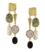 Golden Earrings with Labrorite Viva Pearl Pink Opal and Black Onex Stones