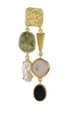 Golden Earrings with Labrorite Viva Pearl Pink Opal and Black Onex Stones 2